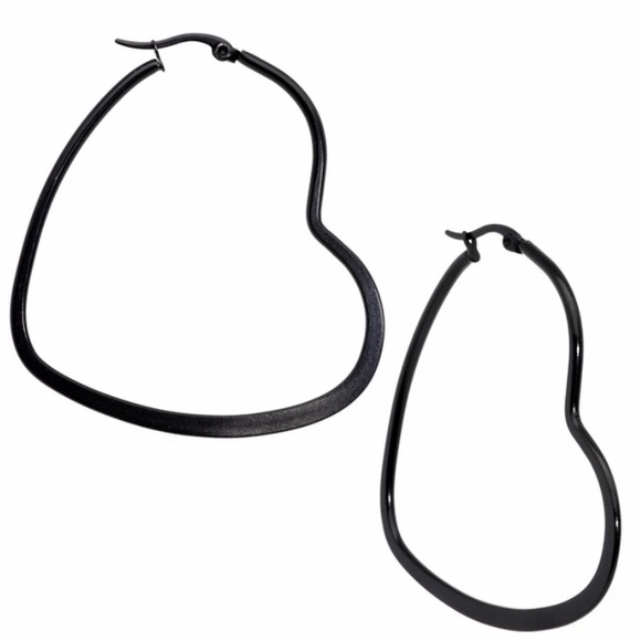 NEW Stainless Steel Black Heart Hoop Earrings - Picture 3 of 6